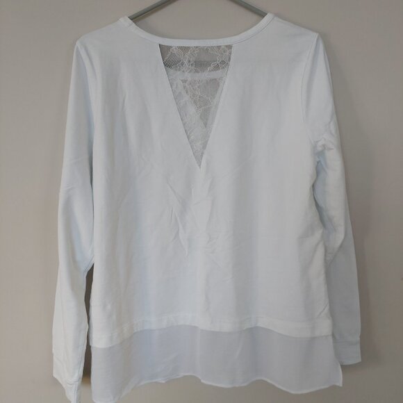 Calvin Klein White Long Sleeve Top Lace V-neck Insert & Sheer Layered Hem Sz XL - Picture 3 of 10